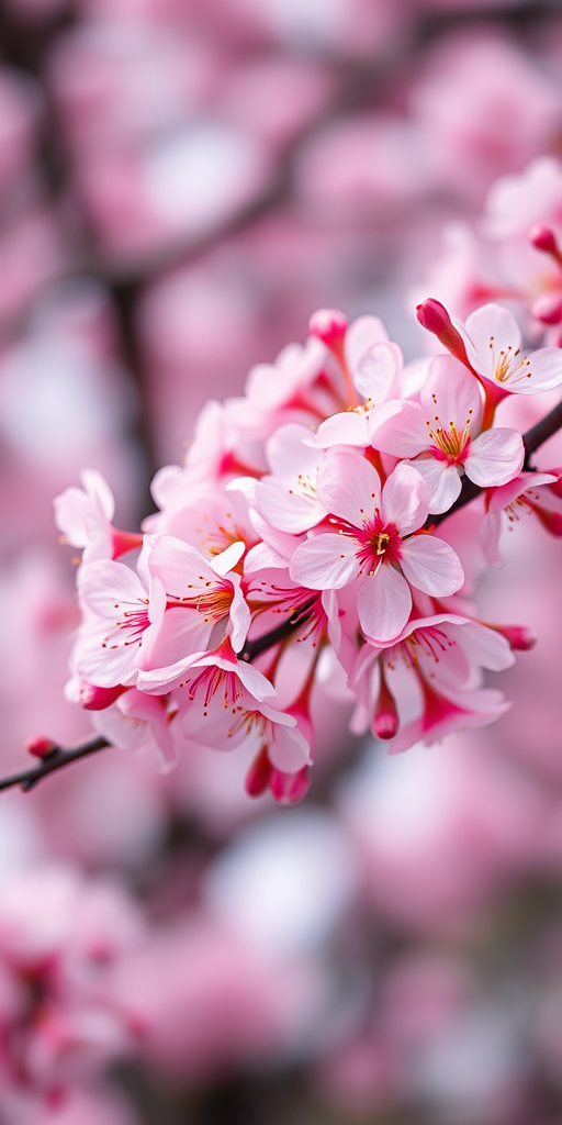 Cherry blossom branch in full bloom, shallow depth of field, soft bokeh background, shot with a Canon EOS R5, 85mm f/1.2 lens, ISO 100, aperture f/2.8, 1/200 sec shutter speed.
