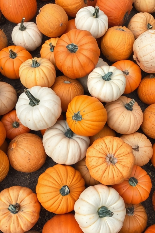 A collection of various pumpkins in shades of orange and white scattered on the ground with some green stems visible among them in a natural setting.