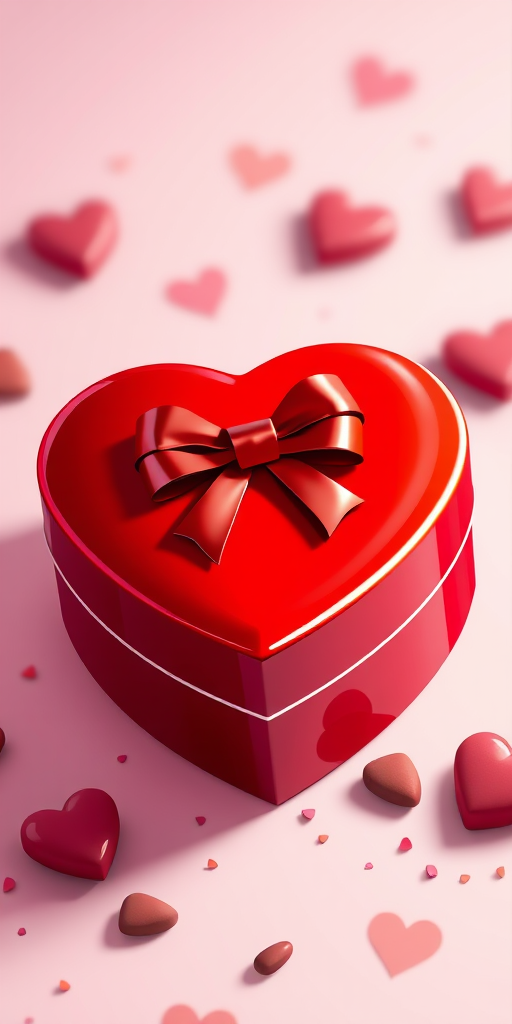 create an illustration of a heart-shaped box of chocolates with a shiny red exterior and a bow, using vibrant colors, shot with a 50mm lens at f/2.8, in high-resolution digital format, with soft lighting and a slight vignette effect for depth.