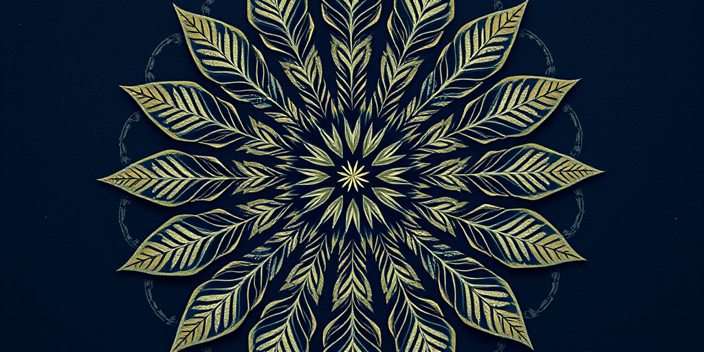 create a highly detailed symmetrical mandala design featuring intricate leaf patterns with a dark blue background, shot with a DSLR camera at f/8 aperture, ISO 100, 50mm lens, capturing a top-down view in natural light to enhance texture and depth