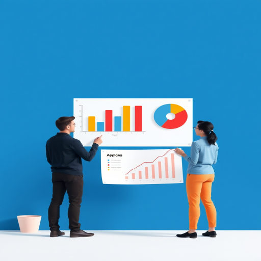 Create a digital illustration of three people interacting with bar graphs and a pie chart on a solid blue background, use a 50mm lens, f/2.8, ISO 200, natural lighting, and a professional digital camera to enhance clarity and detail.