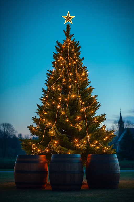 Create an image of a beautifully lit Christmas tree at dusk, adorned with warm white lights and a star on top. The tree is surrounded by three large wooden barrels, set against a serene landscape with a clear evening sky transitioning from blue to twilight. Include hints of distant trees or a church steeple in the background to enhance the festive atmosphere.