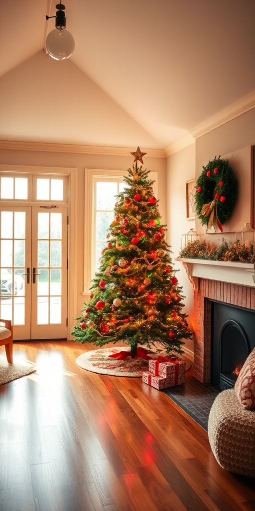 Cozy interior of a warmly lit room with wooden flooring decorated for Christmas featuring a beautifully adorned Christmas tree with colorful lights and presents underneath it large windows letting in soft natural light a comfortable seating area with plush cushions and a festive wreath hanging on the wall