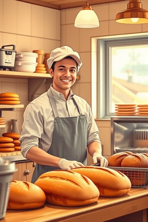 Create a high-resolution digital illustration of a cheerful baker in a cozy bakery, with a warm color palette, soft lighting, and a focus on the baker arranging freshly baked bread on the counter, using a Canon EOS 5D Mark IV, aperture f/2.8, ISO 100, and a 24mm lens to capture detailed textures and smooth background blur.