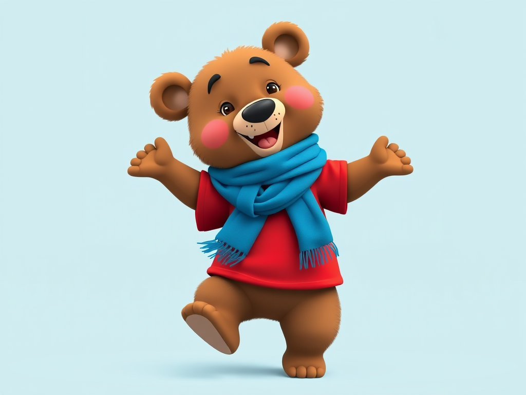 Generate a cartoon character of a bear wearing a red shirt and blue scarf, dancing happily against a light blue background, using a Canon EOS R5 with a 50mm f/1.2 lens, aperture set to f/2.8, ISO 100, and natural lighting for enhanced color vibrancy and detail.