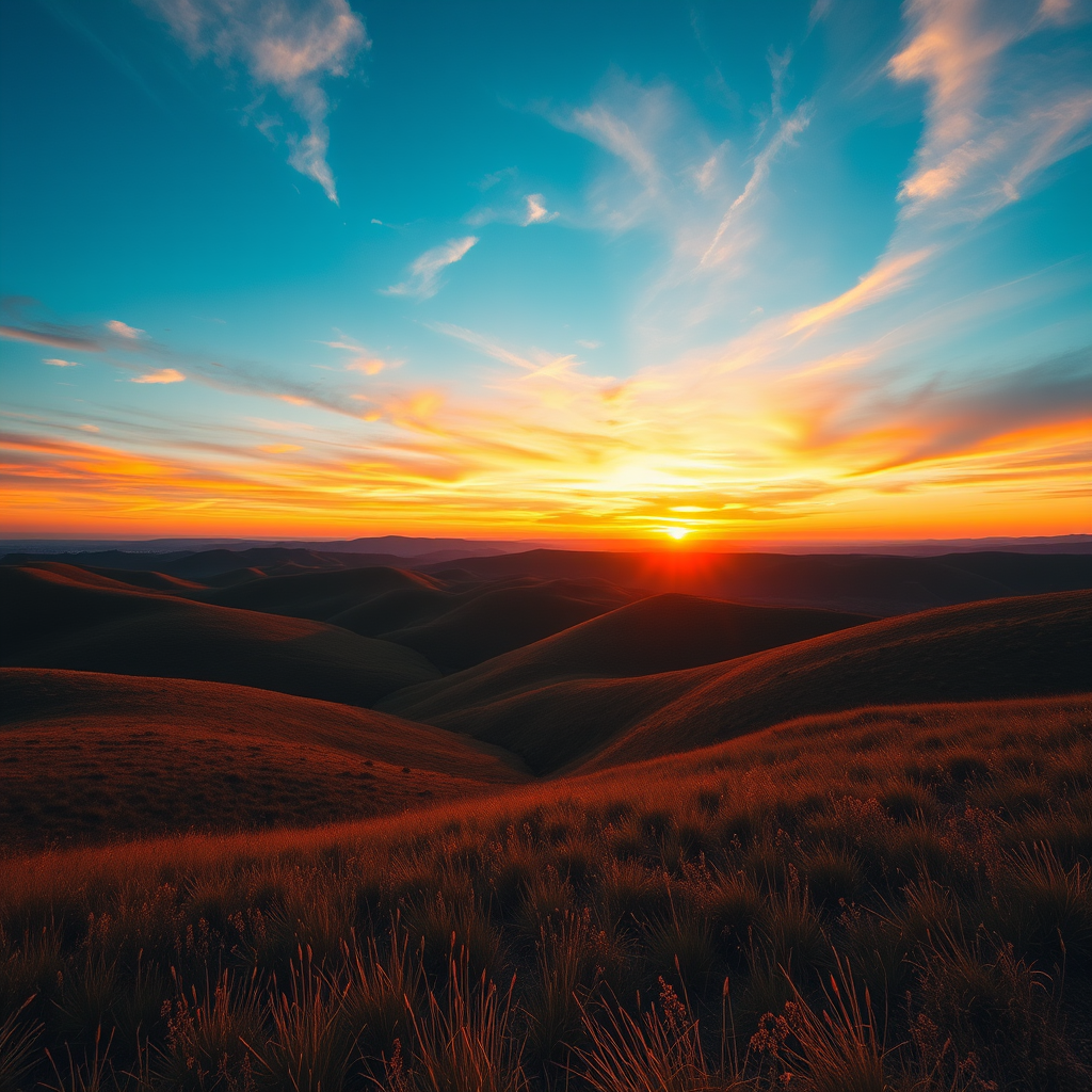 Generate an image of a serene landscape featuring rolling hills and a vibrant sunset sky, captured with a Canon EOS R5 at f/8, ISO 100, 1/200 sec, wide-angle view, emphasizing vibrant colors and details.