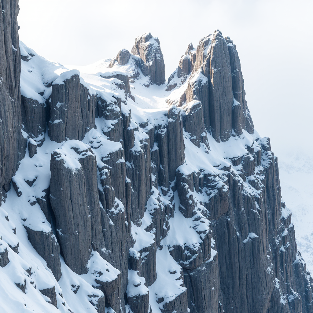 Create a detailed illustration of a rocky snow-covered cliffside with sharp rock formations, captured with a DSLR camera at f/8 aperture, ISO 100, 50mm lens, wide-angle view, high dynamic range.