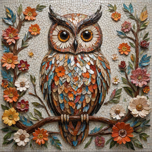 A mosaic of floral owls, one owl intricately composed of individual flower blossoms. The design showcases a delicate balance of nature and form, where the feathers of the owls are replaced by vibrant petals and blooms. The overall appearance is whimsical yet detailed, with each floral element contributing to the intricate patterns of the owl’s body. The artwork embraces a raw, organic style, with natural hues and soft textures, creating a harmonious blend of flora and fauna. The mosaic arrangement adds depth and visual intrigue to the piece, evoking a sense of wonder and artistic beauty.