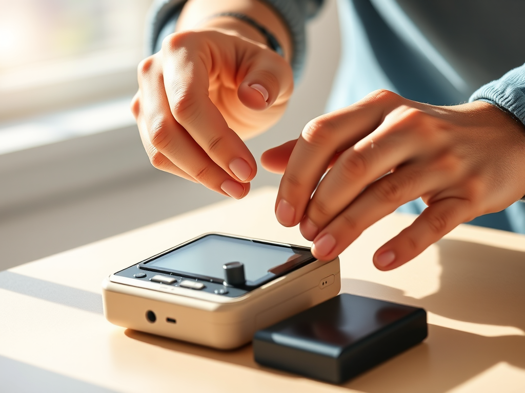 Create an illustration of two hands adjusting a device on a flat surface, focus on the details of the hands and the device, shot with a Canon EOS R5 at f/2.8, 1/250s, ISO 100, using natural light with a shallow depth of field for a soft background blur.