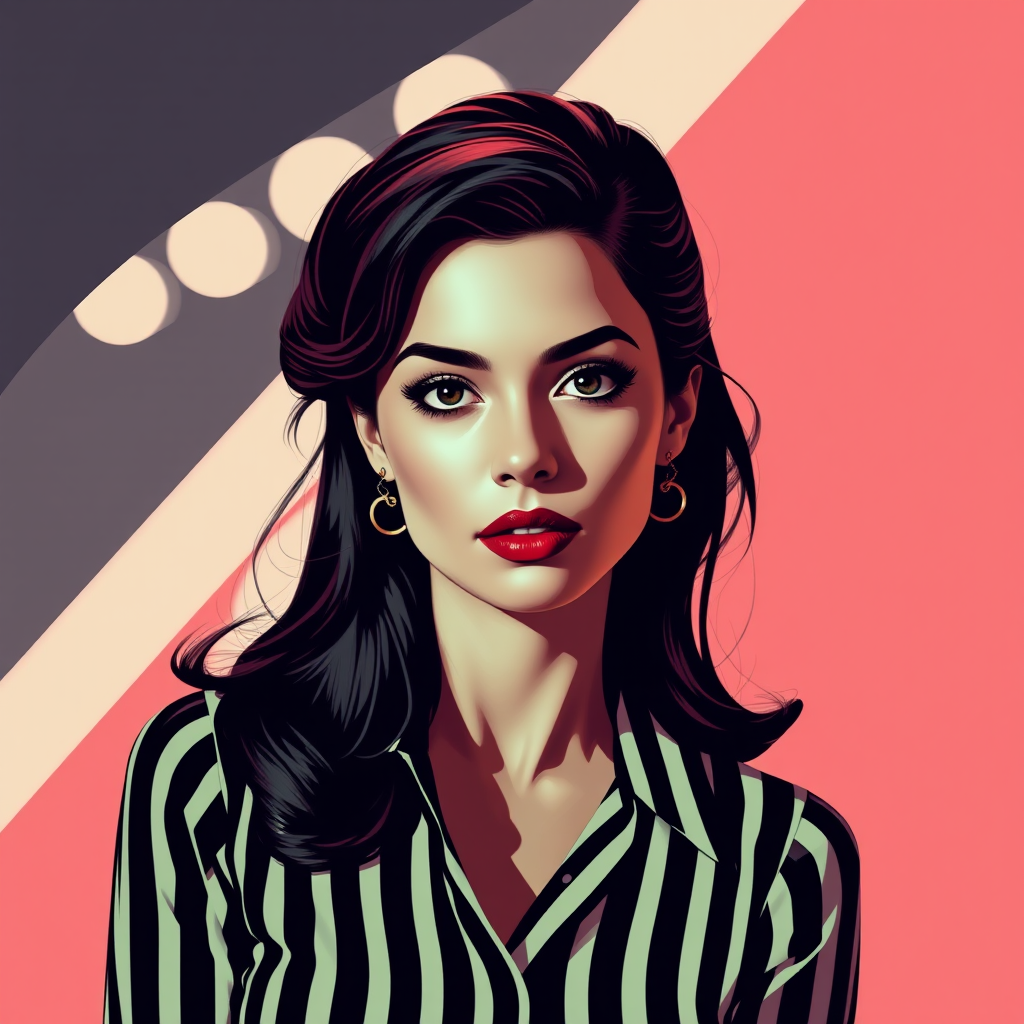 Create a retro-style vector illustration of a woman with elegant features, wearing a striped blouse, soft lighting, high-resolution, 50mm lens, f/1.8 aperture, shot from a 45-degree angle, using a digital camera with vibrant color settings.