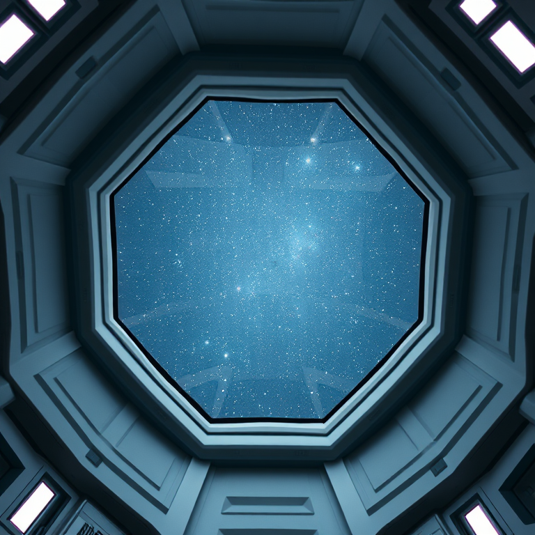 interior of a futuristic spaceship with an octagonal ceiling, stars visible through a large viewport, high-resolution, wide-angle lens, f/2.8 aperture, ISO 100, shot on a DSLR camera, low angle view, soft artificial lighting for enhanced contrast