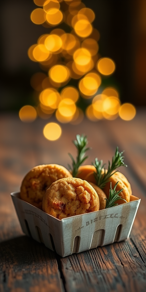 carton of cookies with rosemary sprigs on a rustic wooden surface, soft bokeh lights in the background, warm tones, 50mm lens, aperture f/1.8, ISO 200, natural lighting, DSLR camera, shallow depth of field