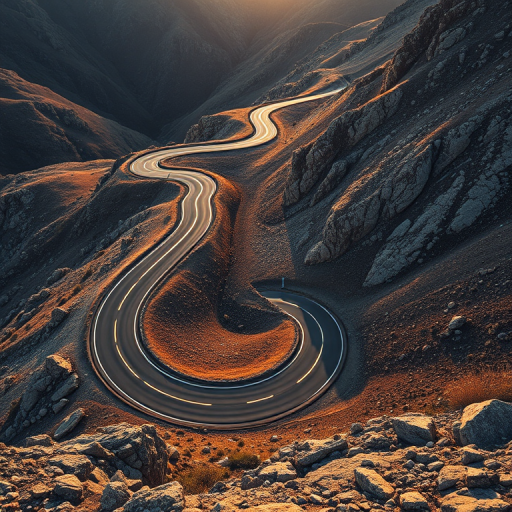 Capture a winding mountain road in a dramatic landscape, focus on the curves of the asphalt and contrasting rocky terrain, golden hour lighting, use a DSLR camera with a 24mm lens, aperture f/8, ISO 200, shutter speed 1/200s, shoot from a high vantage point to emphasize the road's serpentine shape.