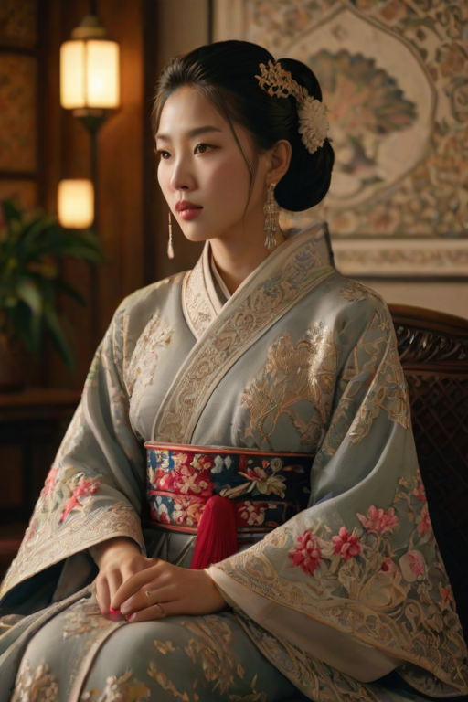 A beautiful woman in traditional East Asian attire, intricately detailed with embroidered patterns, sitting gracefully in a richly decorated room, soft ambient lighting, serene and elegant, ultra-realistic, 8K resolution