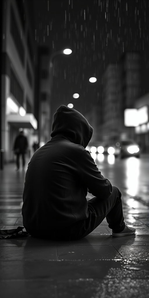 Capture a high-contrast black and white image of a person sitting in a rainy urban setting, wearing a hooded sweatshirt, with a moody atmosphere; use a 50mm lens, f/1.8 aperture, ISO 200, 1/125s shutter speed, with a shallow depth of field and soft bokeh effect.