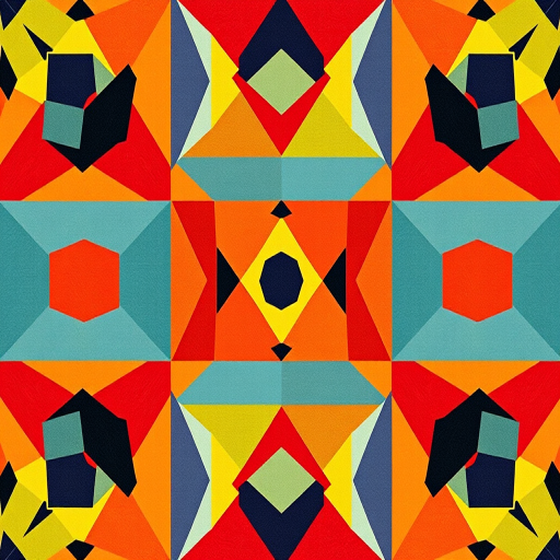 Create a vibrant geometric pattern featuring bold shapes and contrasting colors in a grid layout, captured with a DSLR camera at f/8 aperture, ISO 200, 24mm lens, natural light, top-down view, high saturation style.