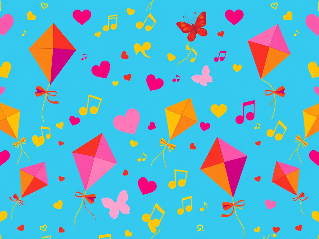 create a vibrant seamless pattern of colorful kites, hearts, butterflies, and musical notes against a bright blue background in a flat illustration style, captured with a Canon EOS R5 at f/8, ISO 100, 50mm lens, vibrant colors and high saturation for enhanced detail