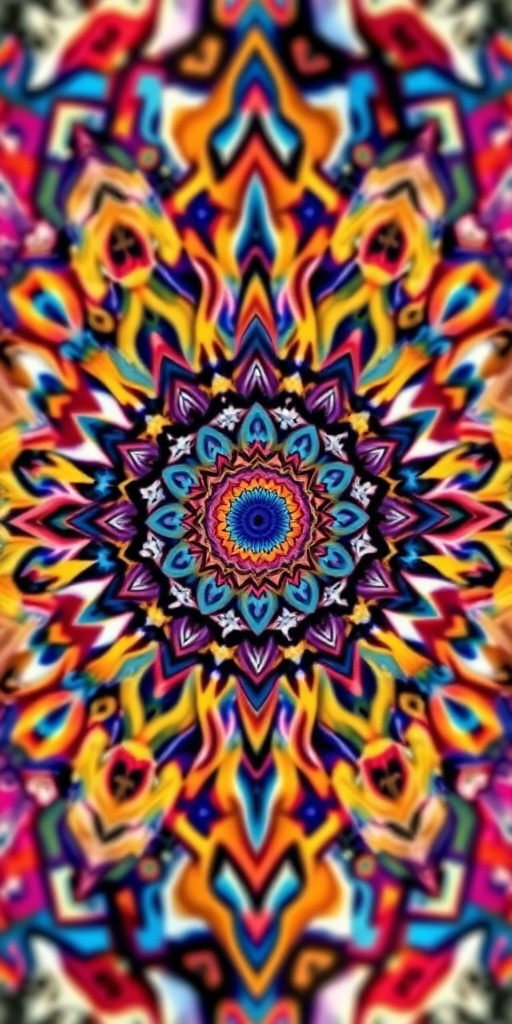 Generate an abstract art piece featuring intricate patterns and vibrant colors, using a DSLR camera with a 50mm lens, aperture set to f/1.8, ISO 100, and a shallow depth of field to enhance the vividness and detail of the design, taken from a frontal view for maximum impact.