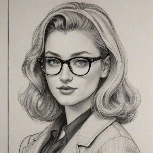 Splendid Amanda Michalka, pencil sketch, portrait of Fetching woman 1937s in glasses, hair style beatnik, outline, clear lines, fine lines, 8k