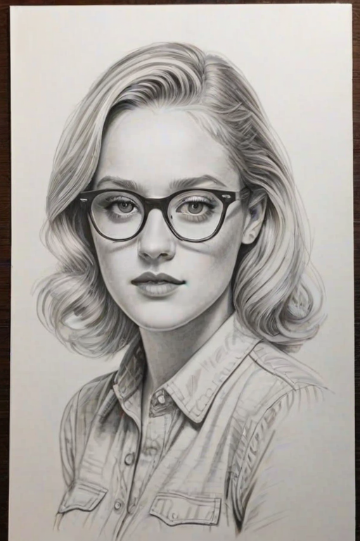 Superb Maika Monroe, pencil sketch, portrait of Lovely woman 1948s in glasses, hair style beatnik, outline, clear lines, fine lines, 8k