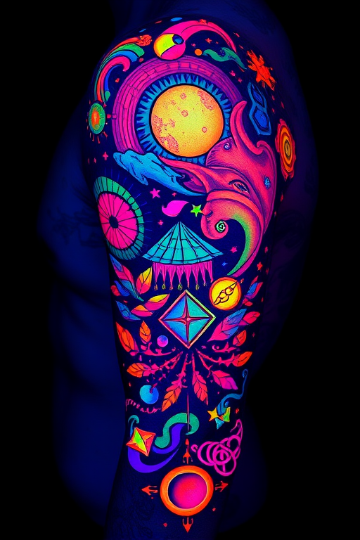 Psychedelic UV blacklight tattoo entitled "Neon Dreamscape" featuring a vibrant abstract composition of swirling patterns geometric shapes and surreal imagery rendered in specialized UV-reactive inks that appear as subtle pastel hues in normal lighting but transform into a kaleidoscope of fluorescent colors under blacklight creating a mesmerizing visual spectacle that seems to come alive in the dark
