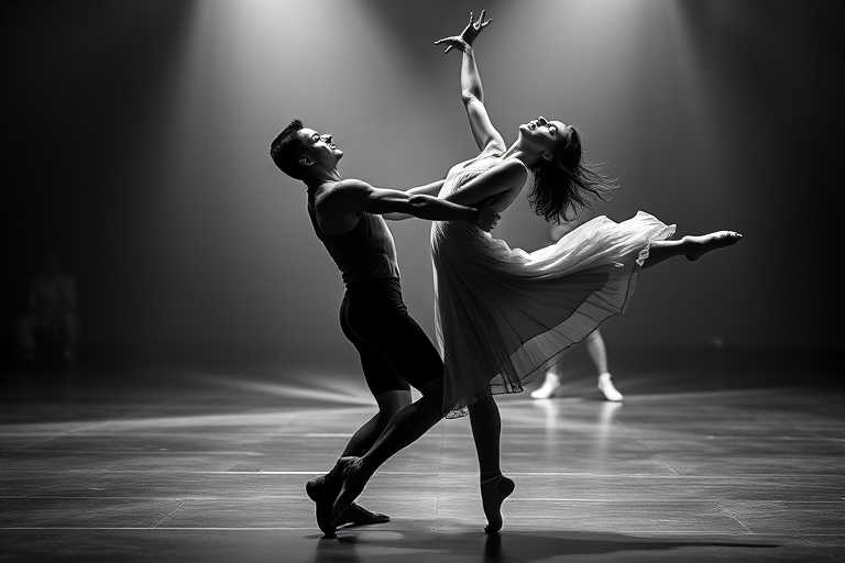 Create a high-contrast black and white image of two male dancers in an intimate pose and a female dancer in an elegant lift, with a blurred bokeh effect background, using a Canon EOS 5D Mark IV, 50mm lens, f/1.8, ISO 200, shutter speed 1/250s, shot from a low angle to capture dynamic movement and depth.