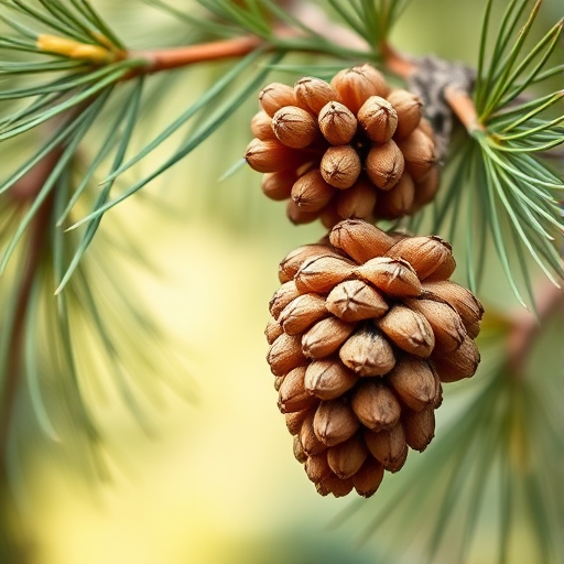 Create a detailed illustration of a pine branch with pine cones, using a DSLR camera with a 50mm lens, aperture set to f/2.8 for shallow depth of field, captured from a macro view to emphasize texture, with soft natural lighting to enhance colors and contrast.
