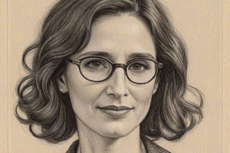 Appealing Michaela Watkins, pencil sketch, portrait of Appealing woman 1927s in glasses, hair style beatnik, outline, clear lines, fine lines, 8k