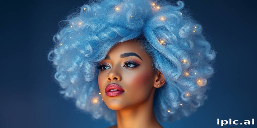Ethereal periwinkle blue hair styled in a cloud-like afro adorned with twinkling fairy lights, embodying whimsical dreamscape vibes called Celestial Halo