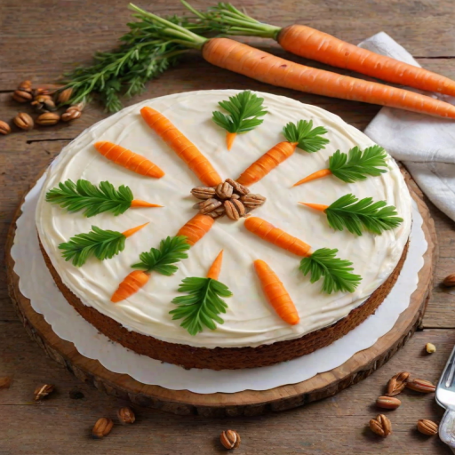 Generate an image of a round carrot cake with cream cheese frosting. The cake should be decorated with small orange carrot designs and green leaves, scattered with chopped nuts on top. Include a rustic wooden board underneath and a glass of milk beside the cake. The background should be softly blurred to emphasize the cake.