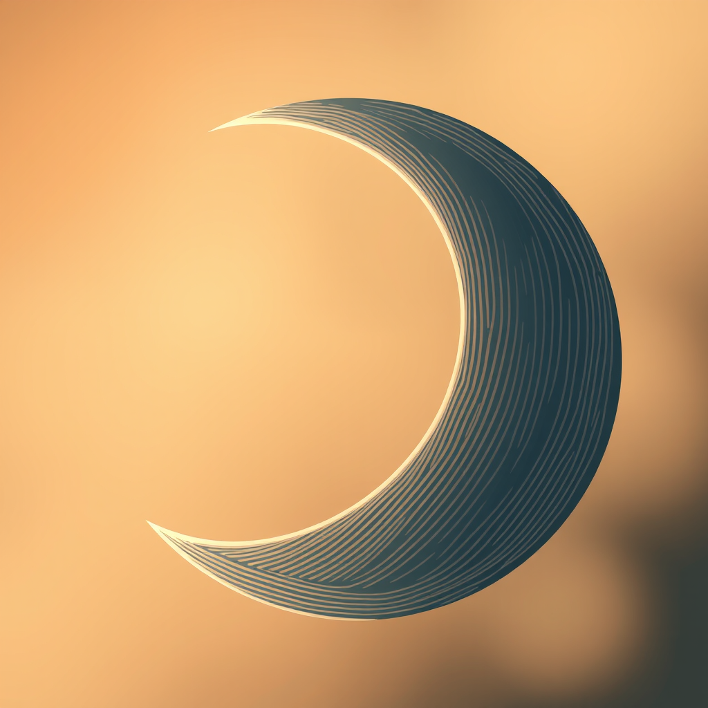 Create a high-quality illustration of a crescent moon with textured lines, using a DSLR camera at f/2.8 aperture, ISO 100, 50mm lens, and a soft focus style to enhance details and maintain a warm color palette.