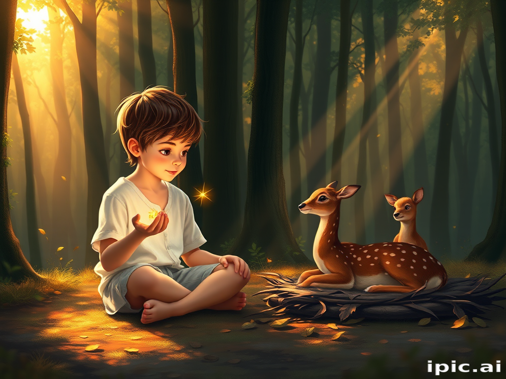 A luminous digital painting of a serene forest scene featuring a barefoot young boy, about 7 years old, with brown hair and fair skin, dressed in a simple white outfit. He sits cross-legged on the forest floor, gazing at a small, glowing, magical firefly in his hand. Beside him, a delicate spotted deer lies calmly on a bed of dried leaves, observing the scene. The dense forest is bathed in warm, golden light filtering through the trees, creating a peaceful, magical atmosphere with a blend of natural and mystical elements.