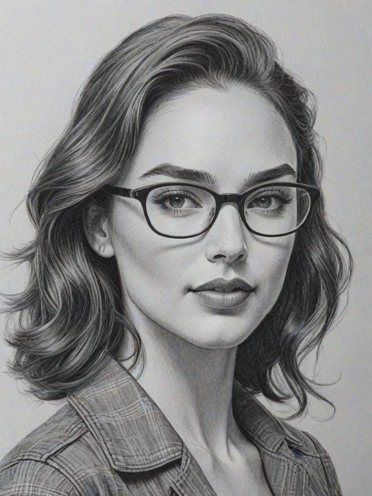 Bewitching Gal Gadot, pencil sketch, portrait of Enticing woman 1948s in glasses, hair style beatnik, outline, clear lines, fine lines, 8k
