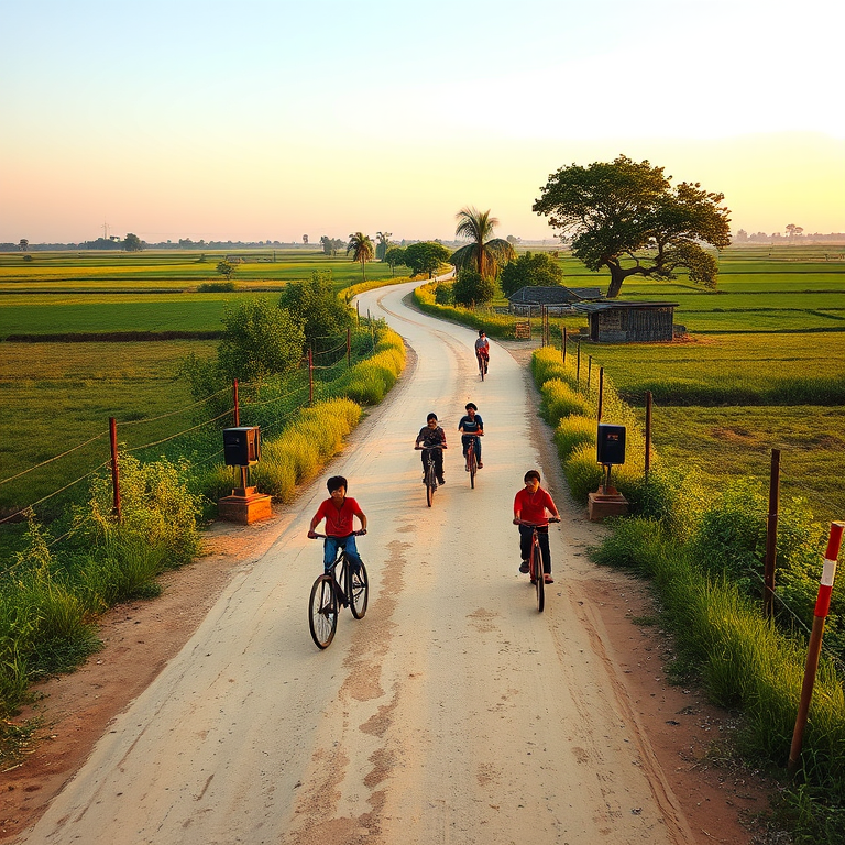 Capture a serene rural landscape featuring a winding dirt road with children riding bicycles, lush greenery on either side, natural lighting during golden hour, using a DSLR camera with a 50mm lens at f/2.8, ISO 200, 1/250 sec, from a slightly elevated angle to create depth and enhance image quality.