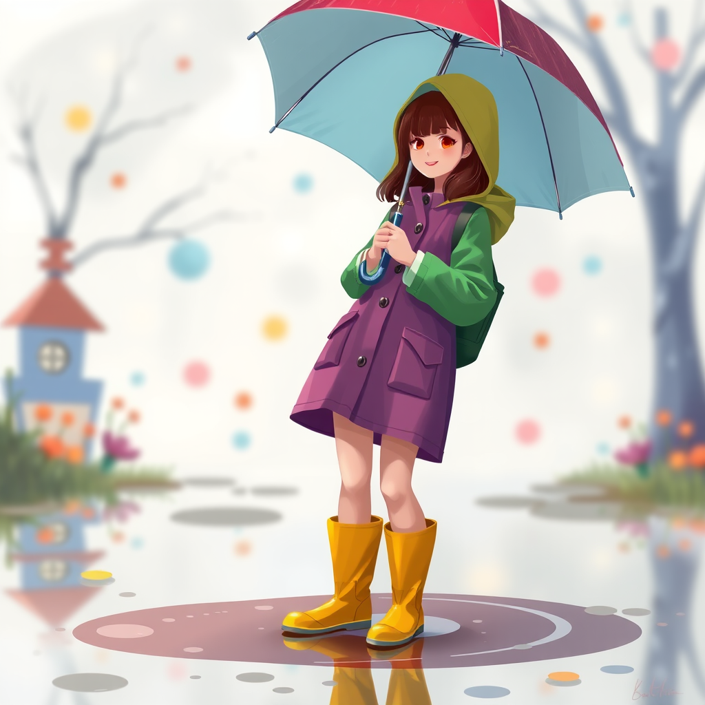 generate an illustration of a woman in a colorful raincoat and yellow boots holding an umbrella, standing in a puddle, with a whimsical background, use a DSLR camera, 50mm lens, f/2.8 aperture, natural lighting, high resolution, vibrant colors, and a shallow depth of field