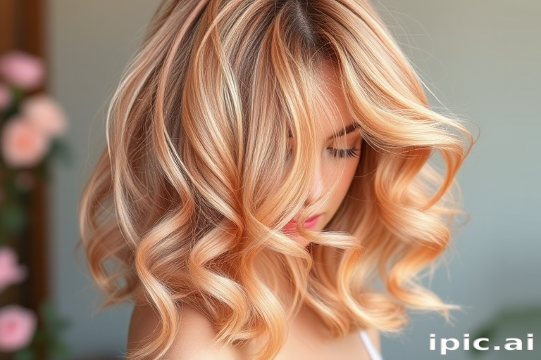 Soft rose gold hair in voluminous, bouncy curls embodies the romantic "Blush Blossom" style, featuring delicate peach and champagne highlights that add warmth and dimension to the feminine hues, creating a dreamy and ethereal look reminiscent of blooming flowers and sunset skies