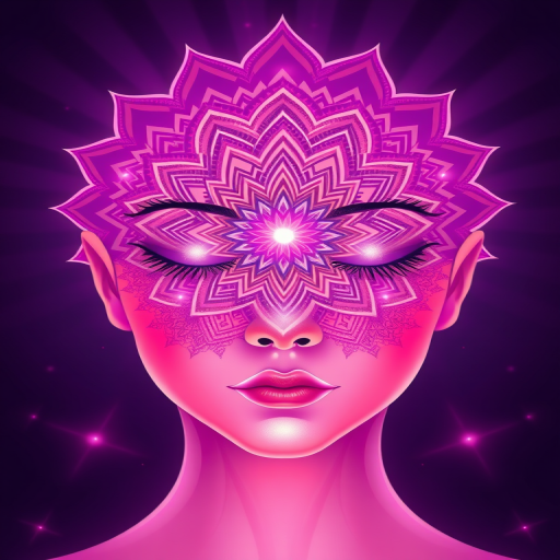 Create a vibrant digital illustration of a serene face with an intricate mandala pattern emanating from the forehead, incorporating soft pink and purple hues, with a focus on light radiating from the center, shot with a 50mm lens at f/1.8, in high resolution with backlighting effects to enhance depth and clarity.