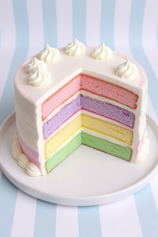 A beautifully layered ice cream cake with pastel colors including pink, green, purple, and yellow, topped with a white frosting, displayed on a white plate with a light blue and white striped background, showcasing a slice removed to reveal the colorful layers inside.