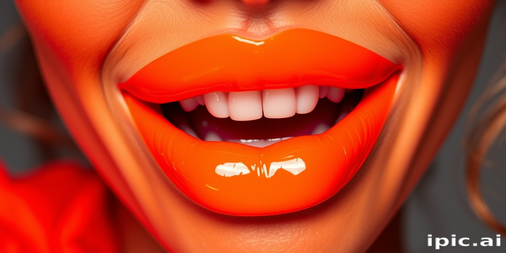 Vivid neon orange lips with high-shine gloss, exaggerated fullness and volume, statement-making brightness, energetic and playful Tangerine Glow Pop look
