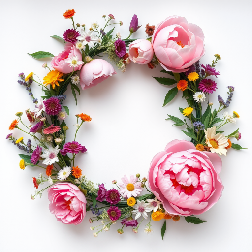 create an artistic floral wreath with soft pink peonies and colorful wildflowers on a white background, using a Canon EOS R5, 50mm lens, f/2.8 aperture, ISO 100, and natural light to enhance colors and details in a macro photography style.