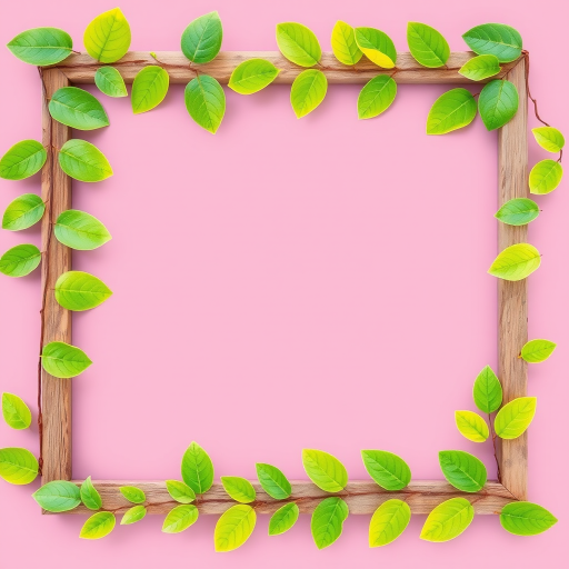 Create an image of a rectangular frame decorated with vibrant green leaves, using a 50mm lens, f/2.8 aperture, ISO 100, shot from a top-down view, in high-resolution with a digital camera for crisp detail.