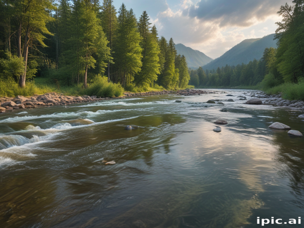 Peaceful River Flowing Through Lush Green Forests and Majestic Mountains