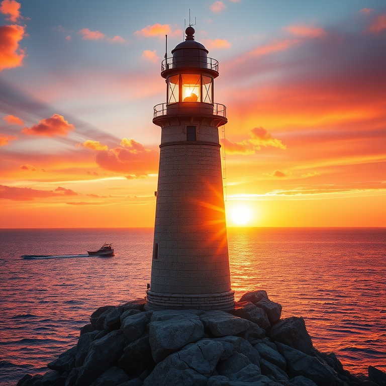 Generate an image of a tall lighthouse perched on a rocky outcrop surrounded by calm ocean waters during a breathtaking sunset. The lighthouse stands sturdy and weathered, its stone surface illuminated by the warm golden light of the setting sun. The sun's rays pass directly through the glass lantern room at the top of the lighthouse, casting a brilliant light across the scene. The sky is painted with vibrant shades of orange, pink, and purple, reflecting off the tranquil sea. The surrounding water shimmers with the same warm hues, creating a serene and majestic atmosphere.
