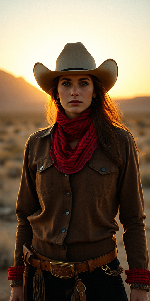 Dramatic photo of a beautiful Aymara woman, classic cowboy attire, confident and free spirit expression, half-length portrait, centered, golden hour desert landscape, warm, diffused light, low angle, medium format film camera, in style of Annie Leibovitz.