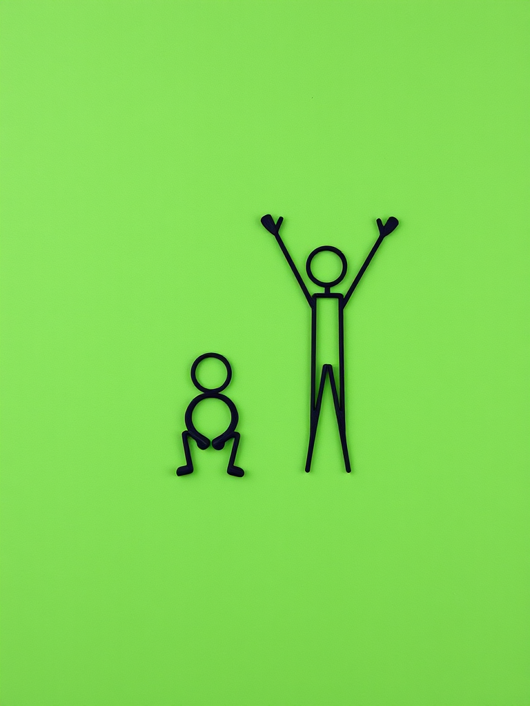 Create a minimalistic icon depicting two stick figures, one sitting in a squat position and the other standing with arms raised, use a green background, ensure high resolution with a focus on simplicity, captured using a Canon EOS R5 at f/8, ISO 100, shutter speed 1/250s, top-down view with a soft light effect.