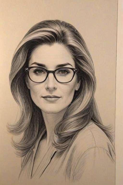 Appealing Peri Gilpin, pencil sketch, portrait of Beauteous woman 1979s in glasses, hair style beatnik, outline, clear lines, fine lines, 8k