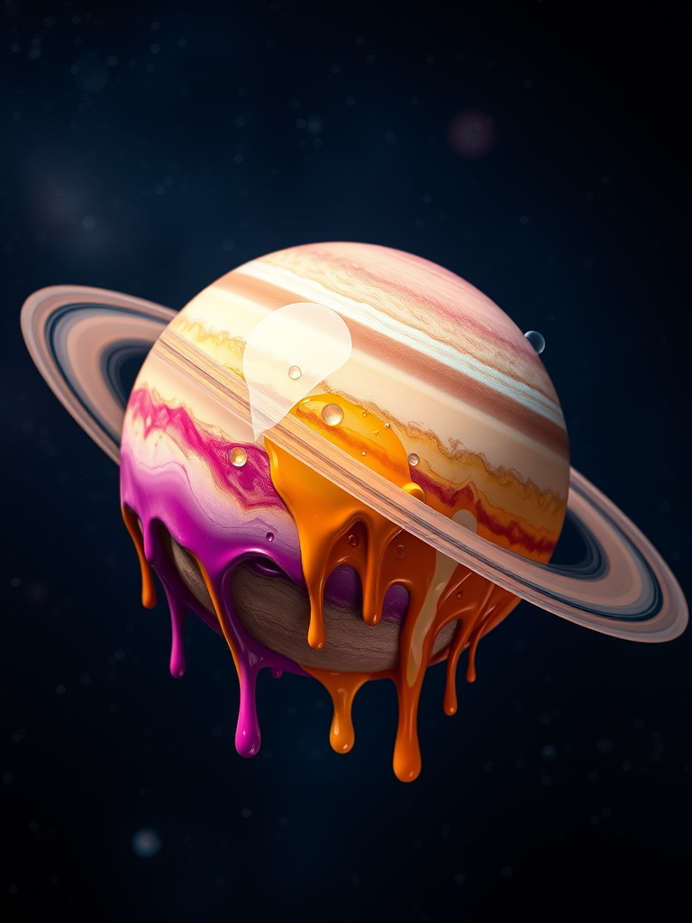 Generate a vibrant and colorful melting planet with dripping effects, resembling Saturn, against a cosmic background, using a high-resolution DSLR camera with a 50mm lens, f/1.8 aperture, ISO 100, and a soft focus style for enhanced depth and clarity.