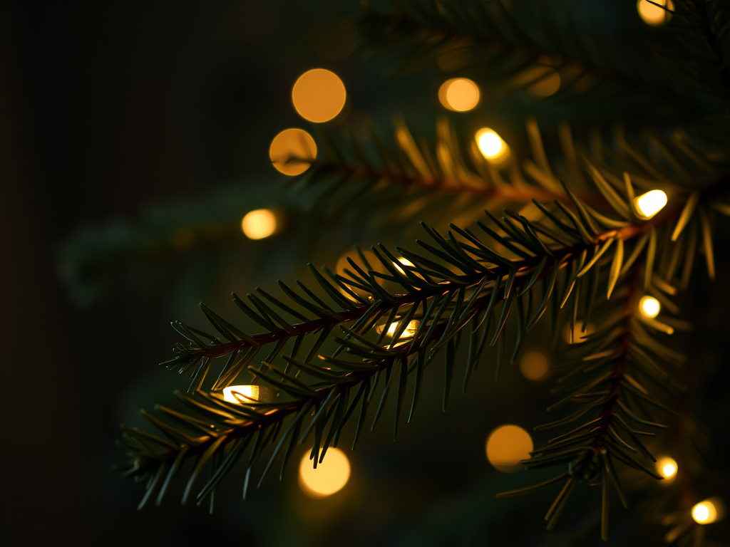 Close-up of evergreen branches with soft glowing fairy lights in a dark background creating a warm and cozy atmosphere.