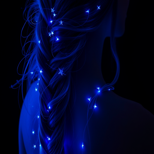 Enchanting midnight blue mermaid braid cascading down one side, interwoven with glowing fiber optic strands for a magical starry night effect