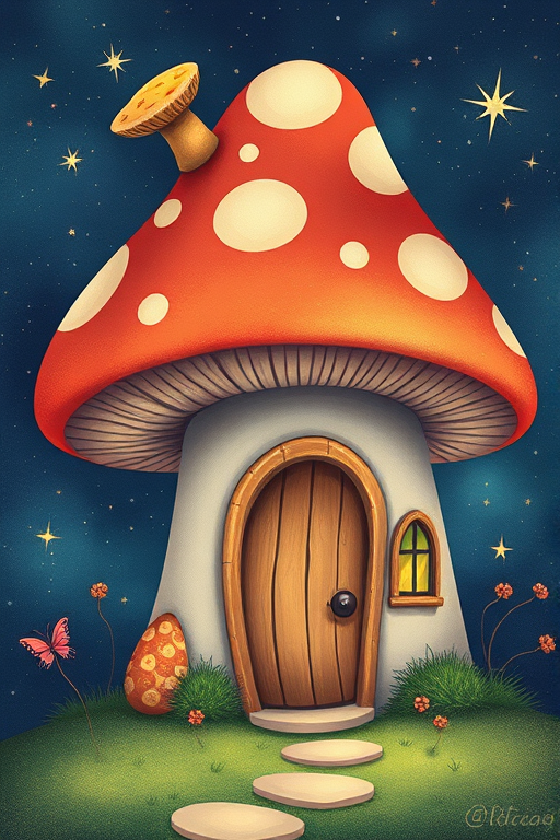 create illustration of a mushroom house with a door and a window, a storybook , fantasy art, mushroom house, bg starry sky, sparkles